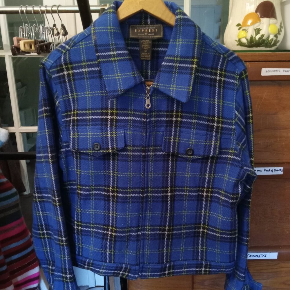 Women's Vintage Express Plaid Jacket Sz Medium Zip Front Preppy